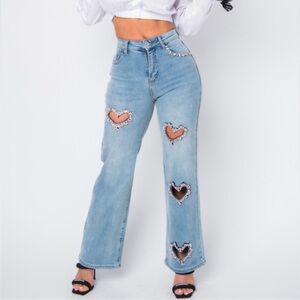 Primium Heart Embellished Cut Out Jeans in Blue Denim Size Small NWT